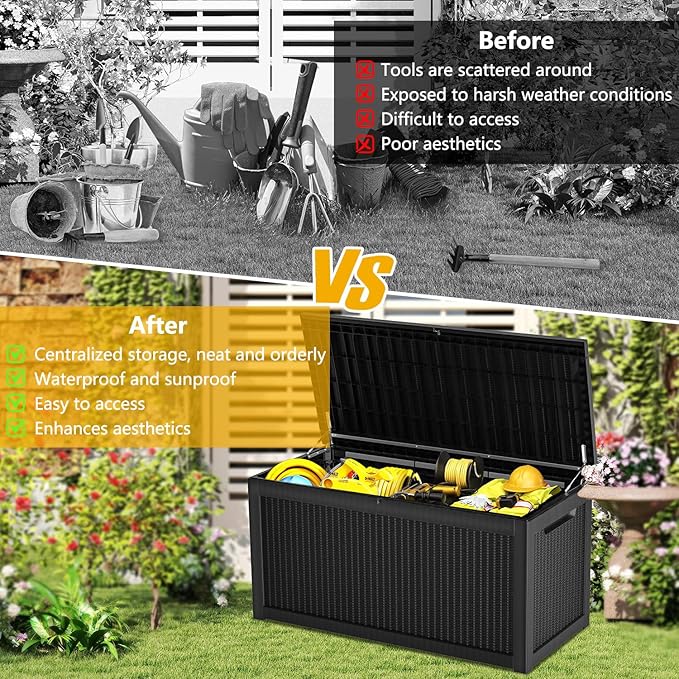 320 Gallon Deck Box, Resin Outdoor Indoor Waterproof Storage Box, Lockable Storage Box With Handle for Patio Furniture - Garden Tools - Swimming Pool Tools UV-Resistant - Black