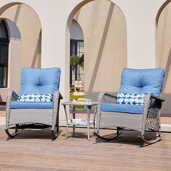 UDPATIO 3 Piece Patio Furniture Set, Wicker Rocking Bistro Set with 2 Rockers, 1 Side Table and 4‘’ Thick Cushions for Backyard, Porch, Balcony, Poolside, Grey/Blue