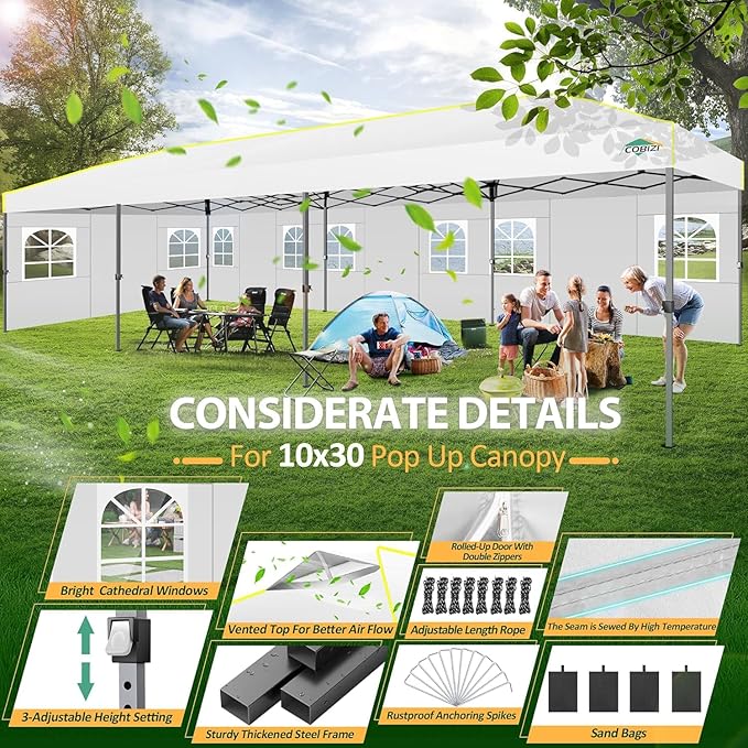 COBIZI 10x30 Pop Up Canopy with Sidewalls 10x30 Party Tent Outdoor Wedding Event Canopies for Parties UPF 50+ Windproof Waterproof Gazebo with Air Vent, Wheeled Bag, Sandbag, Stake, Rope, White