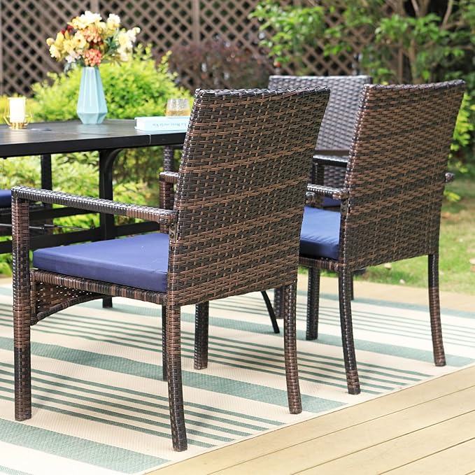 Patio Outdoor Table and Chairs Set with Umbrella Beige, Patio Dining Sets for 6, 7 Pieces Patio Table Set Clearance for Backyard Deck Porch Outside, Metal Table with Hole & Cushioned Rattan Chairs