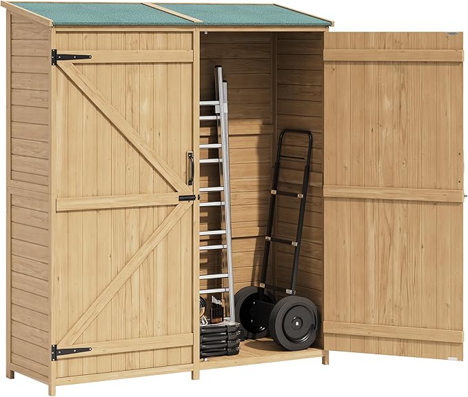 Outdoor Wooden Large Storage Cabinet Garden Shed Outside Wood Tool Organizer with Waterproof Roof Shelves 2 Doors & Adjustable Shelving for Garden Yard Organization