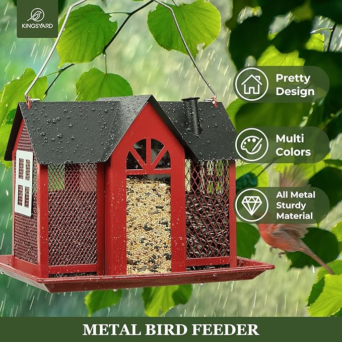Kingsyard Bird Feeder House for Outside, Metal Mesh Wild Bird Feeder with Triple Feeders for Finch Cardinal Chickadee, Large Capacity, Weatherproof and Durable, Red
