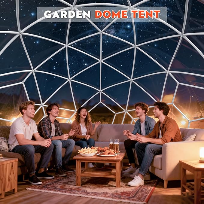 12FT Garden Dome Tent, Geodesic Dome Greenhouse with PVC Clear Cover, Waterproof Garden Bubble Dome Tent House with 2 x 10M Light Strings for Outdoor, Patio, Backyard, Party (Green Edge, 15FT/4.6M)