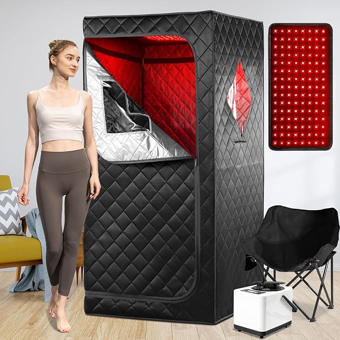Portable Infrared Sauna for Home, One Person Steam Sauna, Full Body Sauna Tent for Relaxation,1 Person Steam Sauna Box with 660nm Red Light Therapy, 3L&1100W Sauna Steamer, Folding Chair