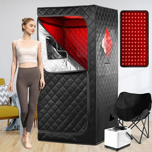 Portable Infrared Sauna for Home, One Person Steam Sauna, Full Body Sauna Tent for Relaxation,1 Person Steam Sauna Box with 660nm Red Light Therapy, 3L&1100W Sauna Steamer, Folding Chair