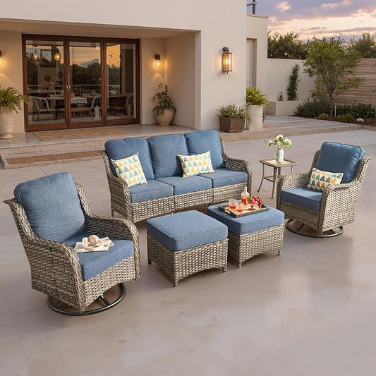 ovios 6 Pieces Patio Furniture Set, Outdoor Wicker Sofa Couch with Swivel Chairs Ottomans Comfy Cushions, High Back All Weather Modern Conversation Sets, Grey Rattan, Denim Blue