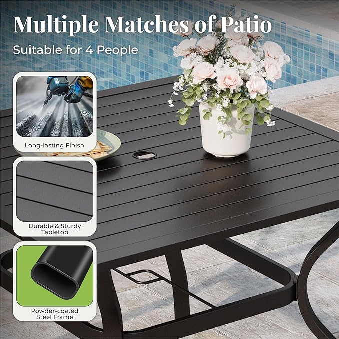 5 Pieces Patio Table and Chairs Set, 4 Person Outdoor Dining Furniture Set, 4 Red Textilene Chairs and 37" Square Metal Table with Umbrella Hole, for Deck Backyard Lawn