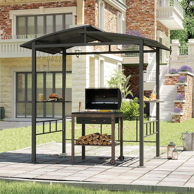 Tangkula 8x5 FT Hardtop Grill Gazebo, Outdoor Double-Tiered Barbecue Canopy with Vented Polycarbonate Roof, 2 Side Shelves, 6 Hooks, Outdoor Grill Shelter for Patio Garden Lawn Deck (Black)