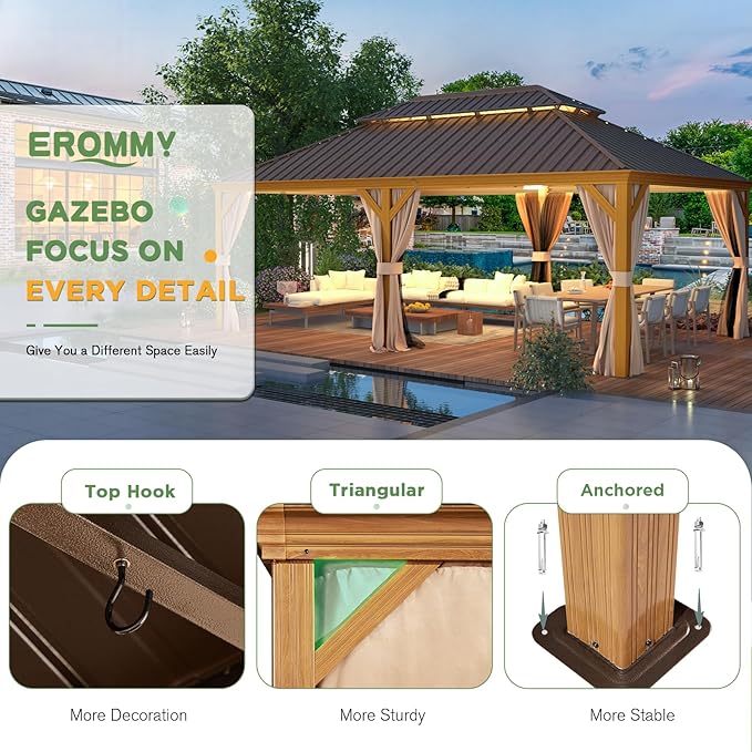 EROMMY 12'x22' Gazebo, Wooden Finish Coated Aluminum Frame Pergola with Double Galvanized Steel Hardtop Roof, Outdoor Permanent Metal Pavilion with Curtains and Nettings for Patio, Backyard and Deck