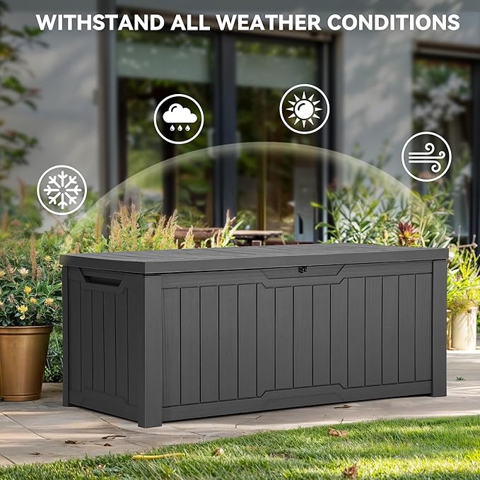 YITAHOME Outdoor Storage Box, 120 Gallon Waterproof Deck Box for Garden Tools, Patio Cushions, and Pool Accessories, Lockable, Easy Assembly, Versatile Bench or Table (Dark Gray)