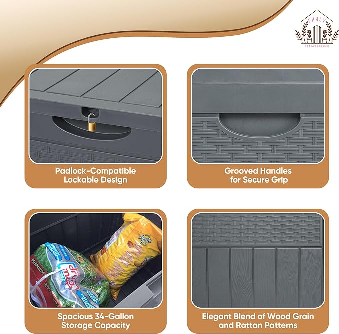 33 Gallon Deck Box Set of 2, Small Outdoor Storage Box Waterproof, Lockable Secure Package Bin Delivery Box for Outside, Patio Cushions Storage Box, Delivery Driver Snack Box for Porch, Grey