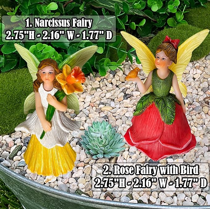 Mood Lab Fairy Garden - Miniature Fairy Figurines - Flower Girls Set of 2 pcs - Narcissus & Rose Fairies Accessories Statue Kit