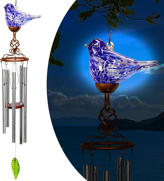 Wind Chimes, Solar Glass Bird Shape, LED, Outdoor Lawn and Patio Glass and Metal Decoration, 7 x 4 x 44 Inches (Dark Blue)