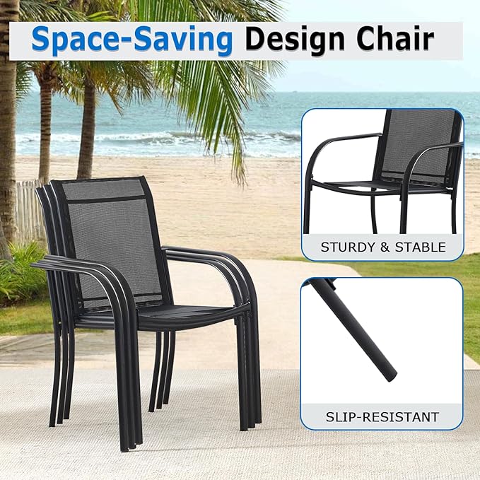 Outdoor Dining Chairs Set of 4, Stackable Patio Chairs with Textilene Fabric, Lightweight Garden Chairs for Poolside, Backyard, Camping, Black