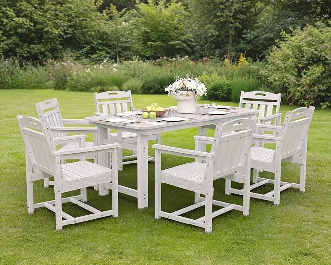 Ciokea HDPE Outdoor Dining Set 7-Piece Patio Table and Chairs with Umbrella Hole, All-Weather Patio Dining Set for 6, Durable Patio Furniture Set for Backyard, Garden, Lawn & Poolside, White