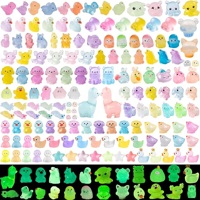 Luminous Mini Resin Animals 200 Pcs Tiny Resin Animals Figurines to Hide Mini Ducks Dinosaurs Glow in Dark for DIY Garden Miniatures Fairy Garden Accessories