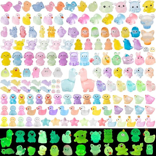 Luminous Mini Resin Animals 200 Pcs Tiny Resin Animals Figurines to Hide Mini Ducks Dinosaurs Glow in Dark for DIY Garden Miniatures Fairy Garden Accessories