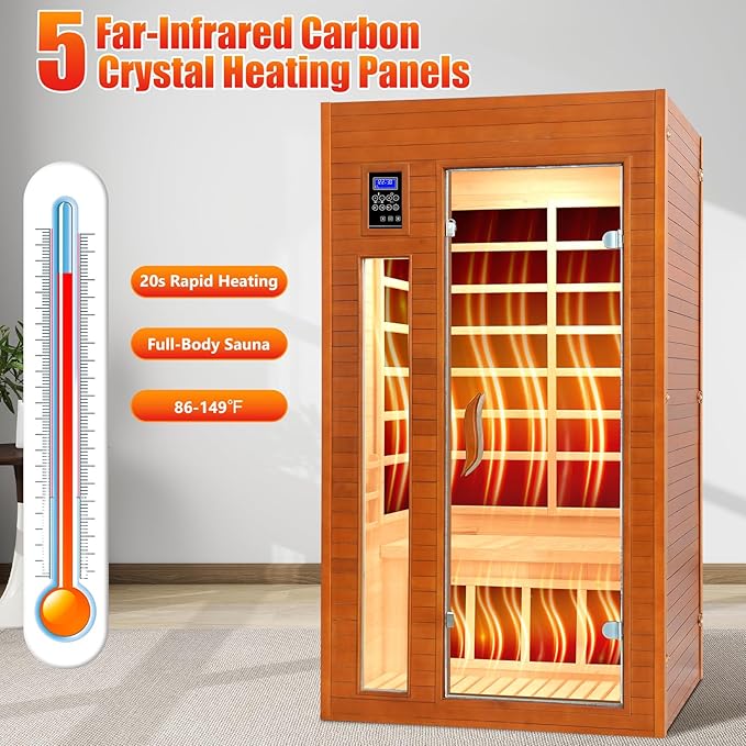 1-2 Person Infrared Sauna, Dry Heat Sauna with Red Light Therapy, Bluetooth, Radio, 7-Color Therapy Light for Home, Indoor, Gym, Wellness Center, 36″ x 36″ x 73″