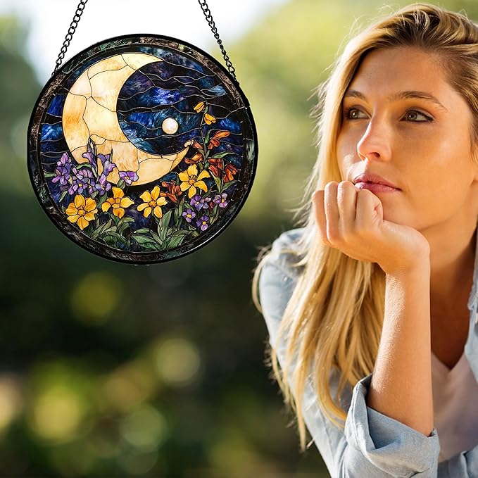 Stained Glass Window Hanging - Blue Night Sky Moon Suncatcher for Door Terrace Garden Home Decor Wildflowers Sun Catcher Birthday Gifts for Lovers Women Men Dad Mom Nana 7.8 in