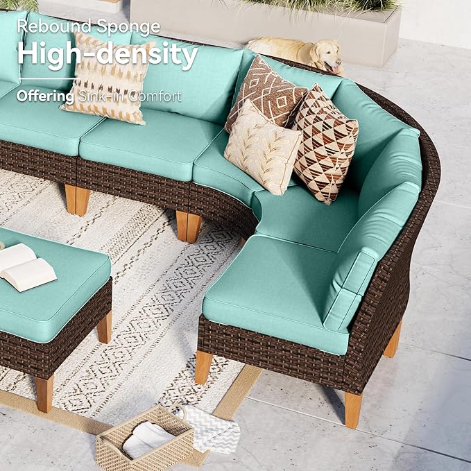 GREEN PARTY 7 Pieces Wicker Patio Furniture Set, All-Weather Outdoor Rattan Half-Moon Patio Curved Sectional Sofa Conversation Set for Garden, Backyard, 2 x Ottomans (Blue)