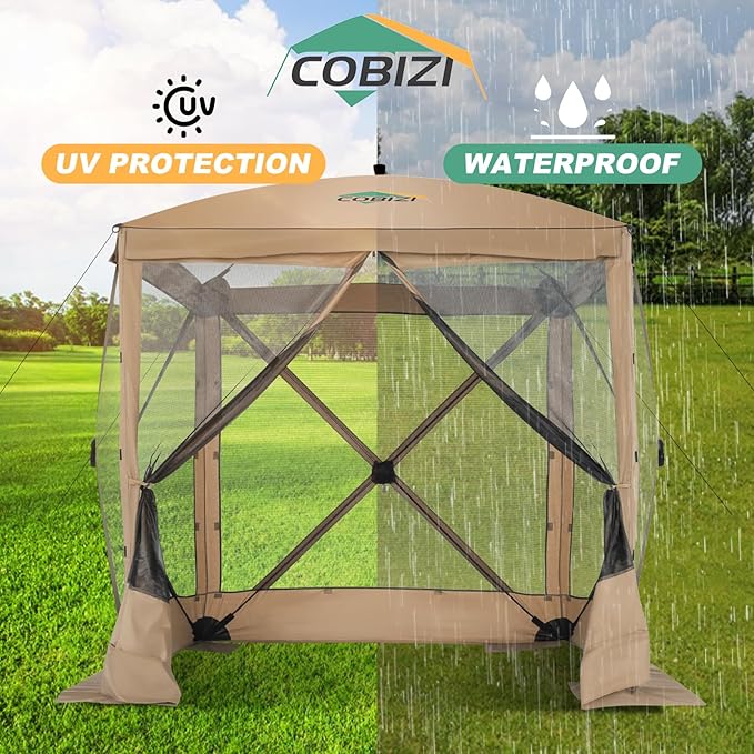 COBIZI 6x6 Pop up Gazebo Tent, Ez up Waterproof Screen Tent Screen House, Portable Outdoor Canopy Sun Shelter with Carry Bag & Ground Stakes for Camping, Garden and Picnics, Khaki(Upgraded 2.0)