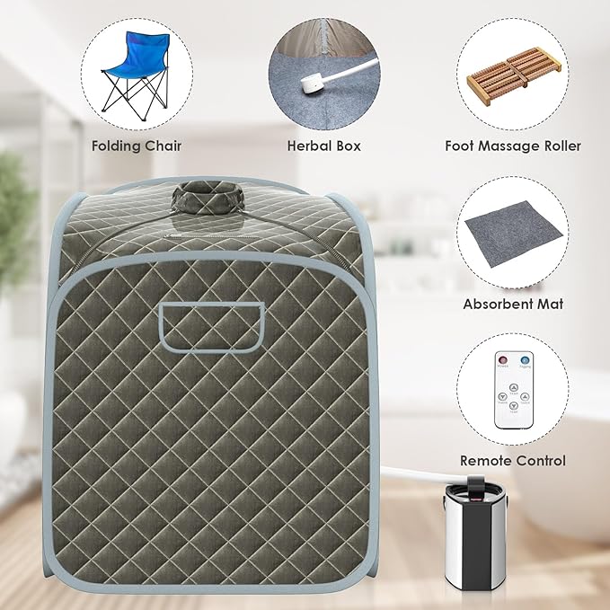 COSTWAY Portable Steam Sauna, 3L Foldable Sauna Spa with Remote Control, 9-Gear Temperature and Timer, Atomization Function, Personal Sauna Tent for Weight Loss, Detox Relaxation at Home (Grey)