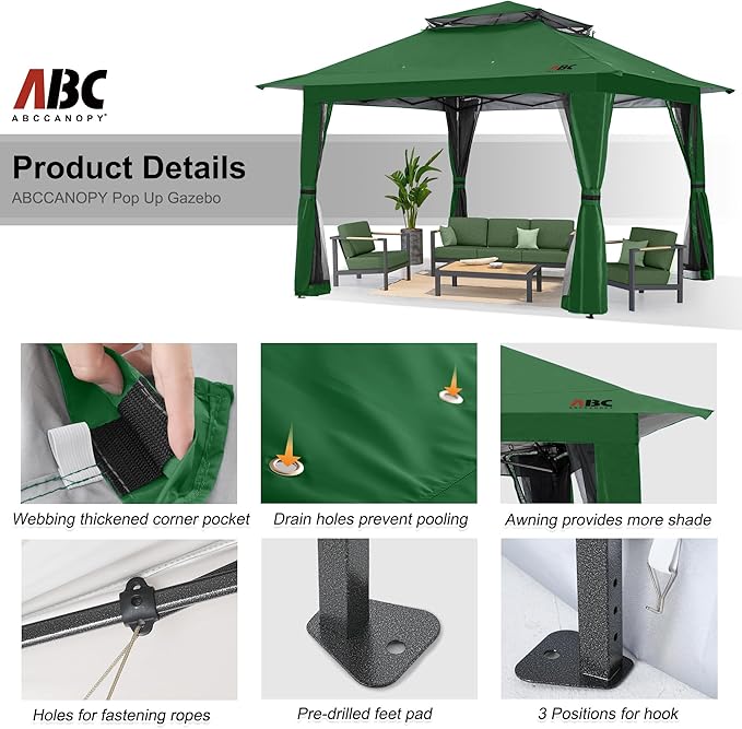 ABCCANOPY 13x13 Pop Up Gazebo, Outdoor Canopy Tent, Instant Screened Shelter with Mosquito Netting for Patio, Garden, Backyard, Party, Camping (Forest Green)