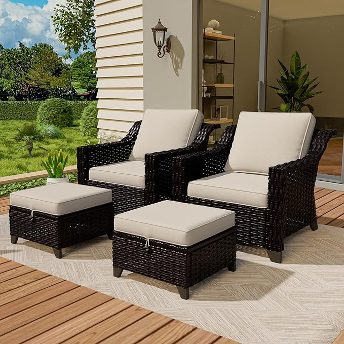Vista Vibe 4 Pieces Outdoor Patio Conversation Furniture Set - 2 Luxurious Armchairs | 2 Wicker Ottomans, Removable Cushions, Hand-Woven PE Rattan, Office, Porch (Brown/Beige)