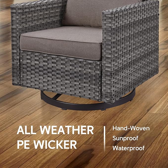 5 Piece Wicker Patio Furniture Set - Outdoor Swivel Rocker Chairs Set with 3 Seat Sofa and Ottomans, Small Patio Conversation Sets Proch Furniture for Balcony Deck - Grey/Grey