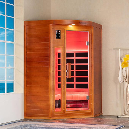 Woodbridge Infrared Sauna Room 2 Person Hemlock Wood Indoor Corner Sauna with 7 Carbon Heaters, Red Light Therapy,Bluetooth Speaker,Intelligent Dual Control System,Tempered Glass,Exterior Brim Light