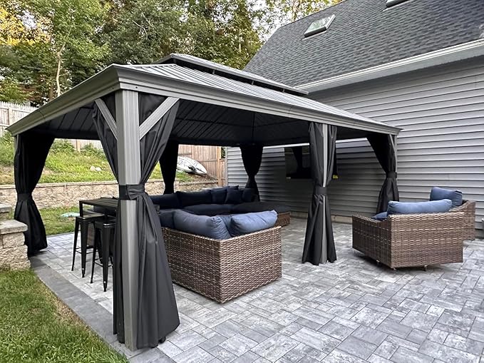 PURPLE LEAF 14' x 20' Patio Hardtop Gazebo Metal Roof Heavy Duty Wind Resistance Outdoor Permanent Large Pavilion Gazebo for Patio Deck and Garden, Netting and Curtains Included, Light Grey