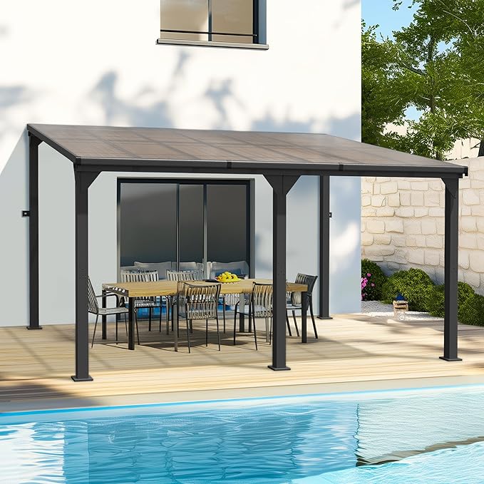 10 * 14FT Pergola,Outdoor Gazebo,Hardtop Lean to Gazebo,Wall Mounted Pergola,Pergolas Gazebos Clearance,Aluminum Frame Pergola,UV Resistant Patio Roof,Patio Awnings for Porch,Lawn,Backyard