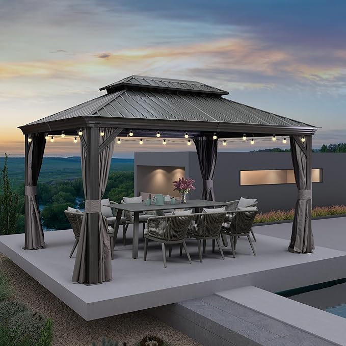 PURPLE LEAF 10' X 14' Gazebo with Metal Roof Patio Gazebo with Light for Outdoor Lawn and Garden Hardtop Grey