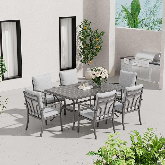 HAPPATIO 7-Piece Outdoor Dining Set - All Aluminum Patio Table and Chairs Set for 6 Includes 1 Rectangular Dining Table and 6 Dining Chairs with Cushions, Patio Dining Set for Lawn, Garden, Backyard