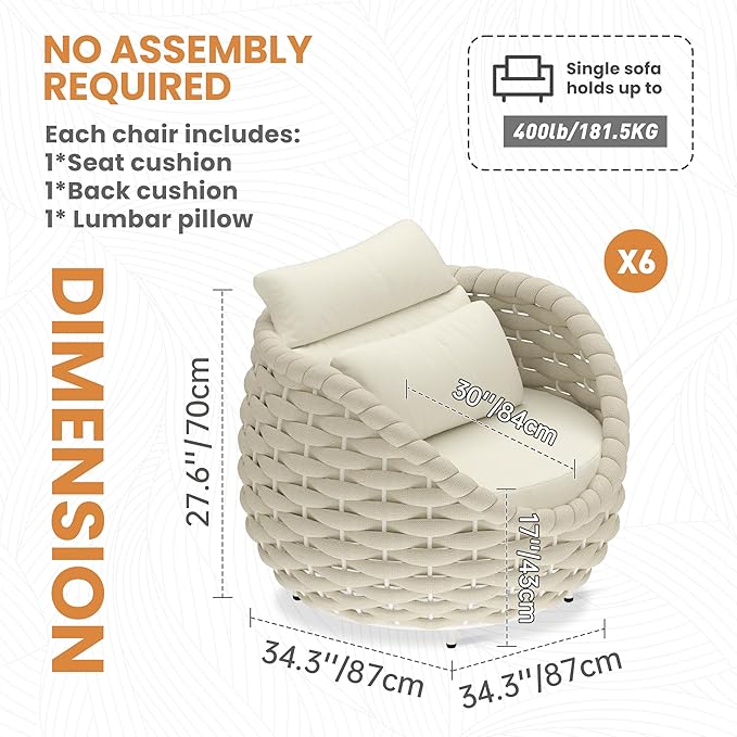 Patio Accent Chairs Set of 6: Aluminum Porch Lounge Chair with Arms - Woven Rope Cushioned Armchair - Modern One Seater Sofa - Outdoor Deck Furniture for 400lbs Balcony Yard Garden Hotel, Beige