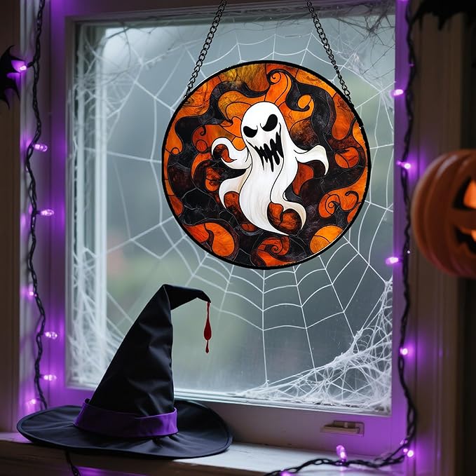 Stained Glass Window Hanging - Halloween White Ghost Suncatcher for Doors Window Garden Indoor Spooky Funny Orange Sun Catchers Gothic Decor Horror Gifts for Women Men Friend 6.3 in