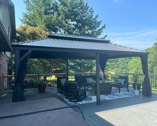 Domi 14'x24' Hardtop Gazebo Canopy,Outdoor Aluminum Gazebo with Galvanized Steel Double Roof, Extra Large Permanent Gazebo Pavilion for Patio Deck Backyard,Curtain and Netting,Grey