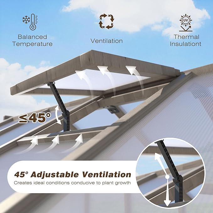 8x12 FT Greenhouse Kit with 6MM Thick Polycarbonate Panel for Outdoor, Wooden Walk-in Green House with Adjustable Roof Vent and Lockable Door, Backyard, Garden, Light Mocha Brown