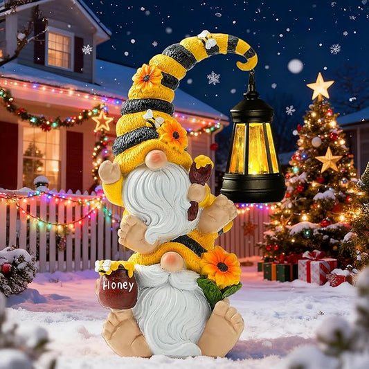 Solar Bee Garden Gnomes with LED Lantern – Waterproof Stacked Outdoor Decor for Yard, Patio – Unique Gnome Gift for Women, Mom, Grandma (Christmas Decor, Outdoor Statues)