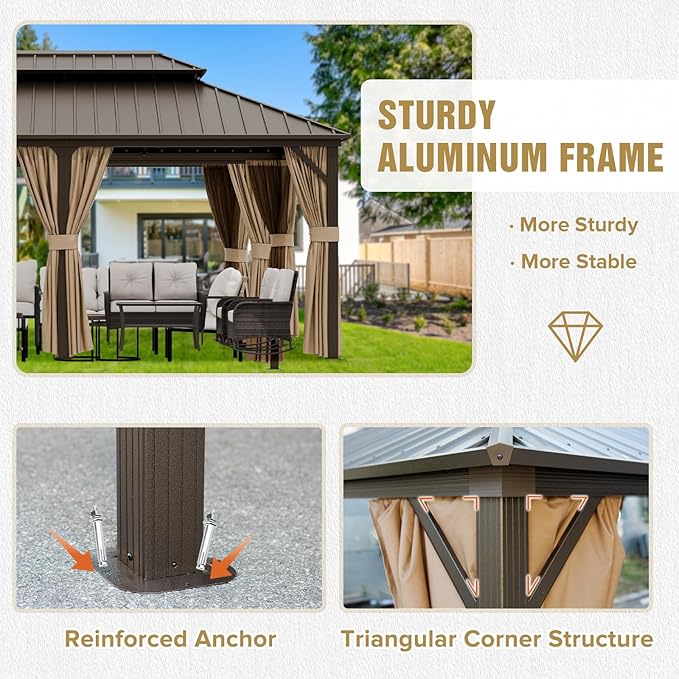 COOS BAY 12x18 Hardtop Gazebo with Aluminum Frame, Galvanized Steel Double Roof Outdoor Pavilion with Netting and Curtains, Dark Brown/Tan