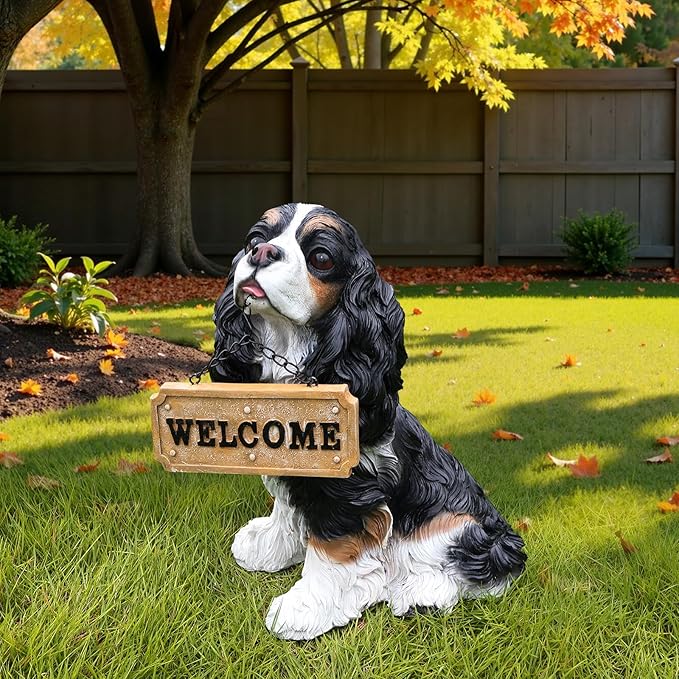 Charming Cavalier King Charles Spaniel Welcome Dog Statue with Solar Lantern, Hand-Painted Sitting Resin Puppy Figurine with Reversible Signs for Garden, Patio, and Porch Décor