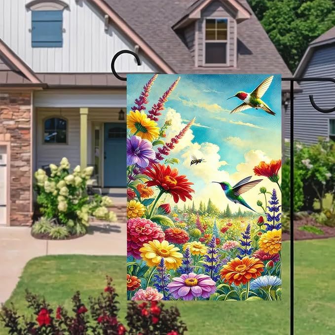 Spring Garden Flag 12 x 18 Inch Double Sided Hummingbird Welcome Yard Flag Outdoor Bee Colorful Flower Sky Summer Farmhouse Seasonal Yard Lawn Outside Decorations