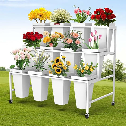 3 Layers Flower Display Stand with Buckets, 12 PCS Buckets Plant Stand with Wheels, Movable Metal Plant Stand for Terrace Garden, Living Room, Florist Shop
