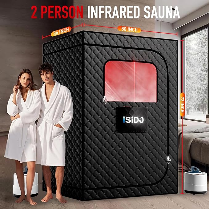 Upgraded 2 Person Sauna Portable Infrared Steam Sauna with 660nm Red Light Therapy Panel & 2X 3L 1300W Steamers, 2 Folding Chair, XXXL Sauna Box Sauna Tent Home Sauna, 72"x 50"x 36"