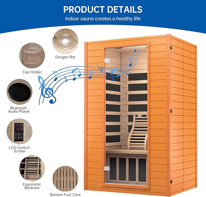 Infrared Sauna Room for Home, Near Zero EMF Wooden 2 Person Indoor Infrared Sauna at Home with Bluetooth, LCD Control Panel, Chromo Therapy Light