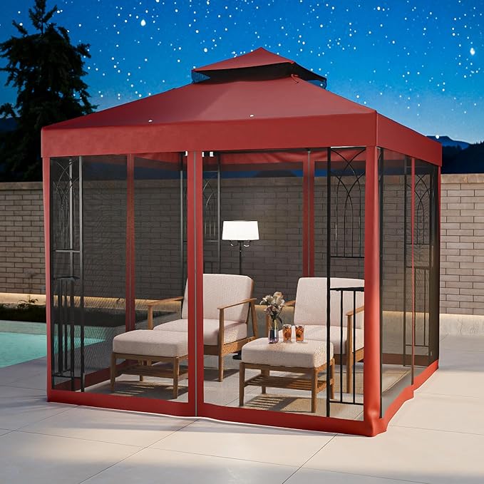 COOS BAY 8x8 Outdoor Patio Gazebo with Netting and Corner Shelves, Two-Tier Soft Top Canopy for Backyard, Lawn, Deck and Garden, Red