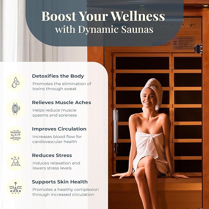 DYNAMIC SAUNAS Venice Elite 2-Person Ultra Low EMF FAR Infrared Sauna with Red Light Therapy & Bluetooth Speakers | Personal Indoor Dry Heat Sauna for Home & Gym – Made from Canadian Hemlock