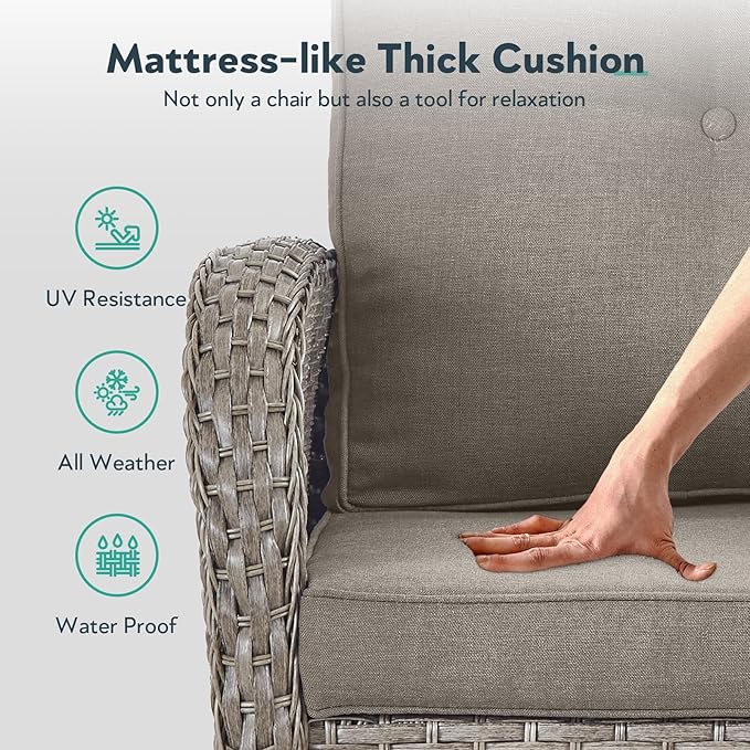 5 Piece Patio Furniture Set with Fire Pit Table - Wicker Patio Conversation Set with Swivel Glider, Glider Loveseat, Tempered Glass Side Table for Deck Backyard - Grey Wicker Grey Cushion