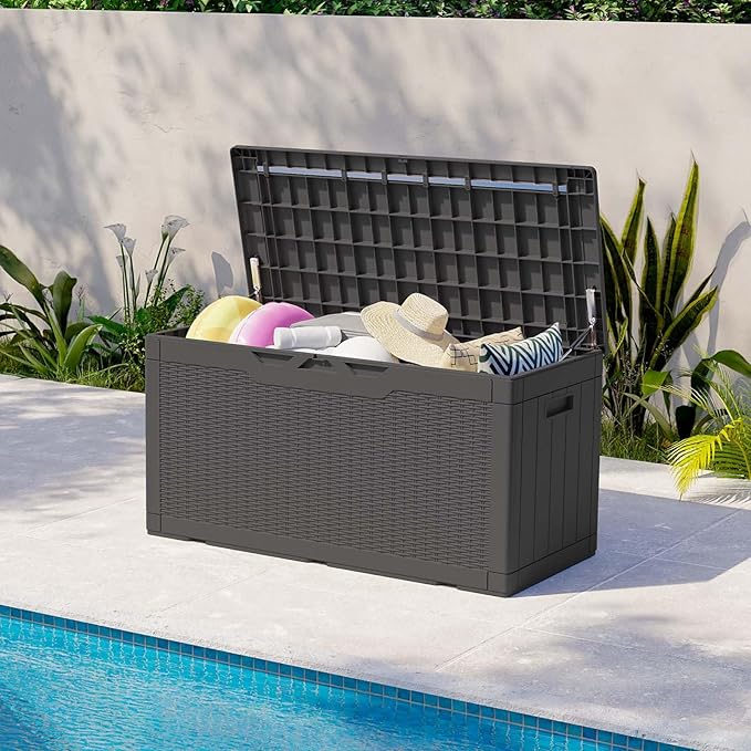 Patiolife 100 Gallon Resin Deck Box, Large Outdoor Storage Box for Garden Tools, Pool Supplies, Waterproof and Lockable, Black