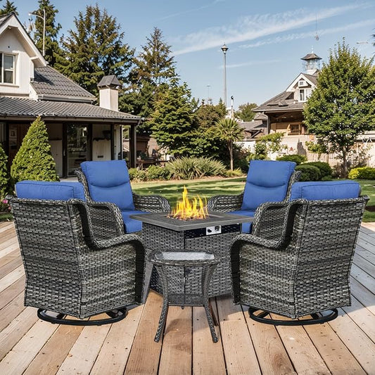 Patio Luxury Conversation Set of 4 Swivel Chairs with Side Table and 30in Square Wicker Firepit Table, Grey Wicker|Blue Cushions